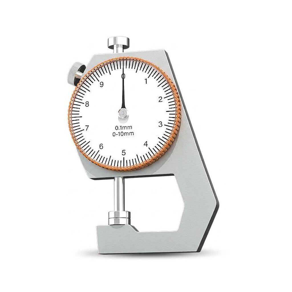Analog thickness gauge with round dial, flat measuring tips, 0–10 mm range