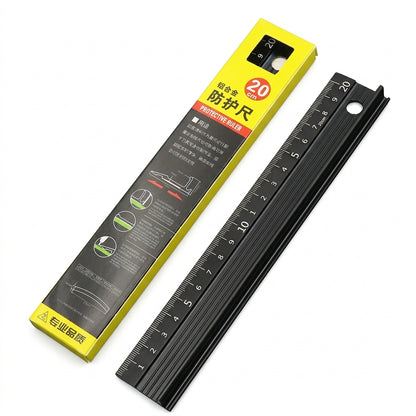 Black T-type safety guide ruler with etched measurement scale and mounting hole