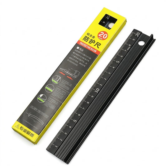 Black T-type safety guide ruler with etched measurement scale and mounting hole