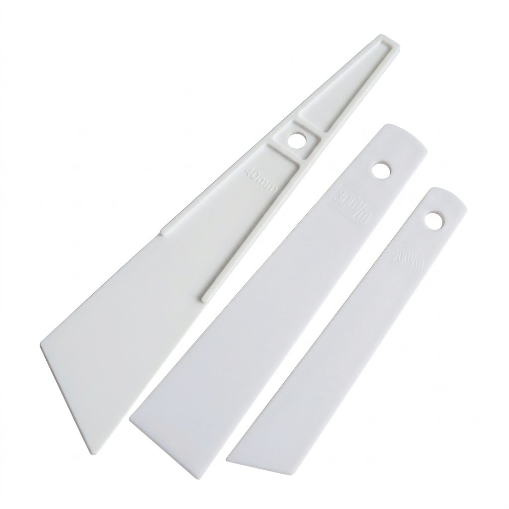 White plastic glue applicators, three pieces with ml markings and hanging holes