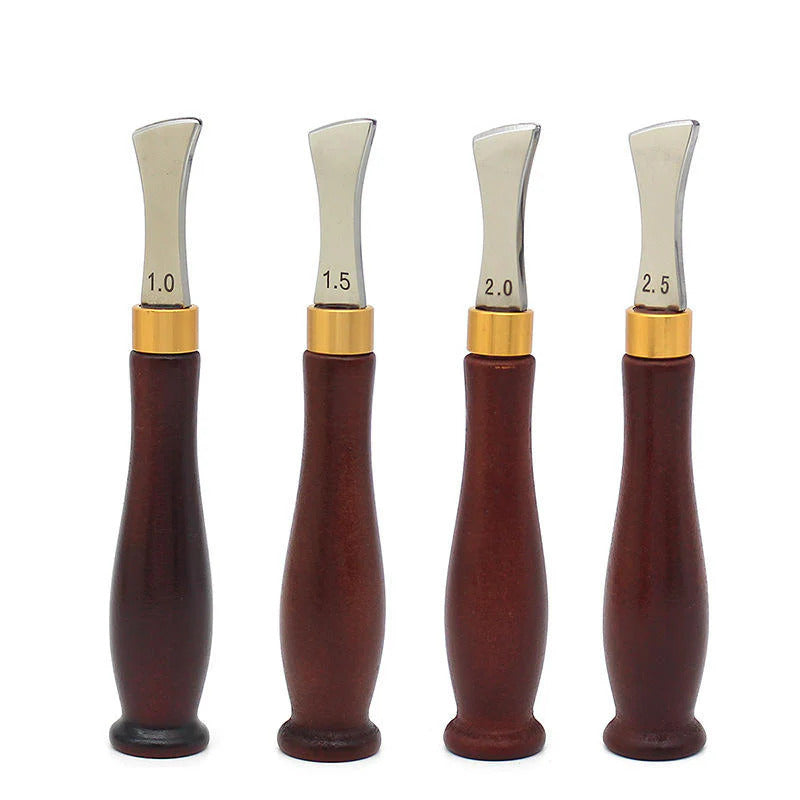 Pack of 4 edge creaser tools, dark brown handles, brass collars, 1.0–2.5mm tips