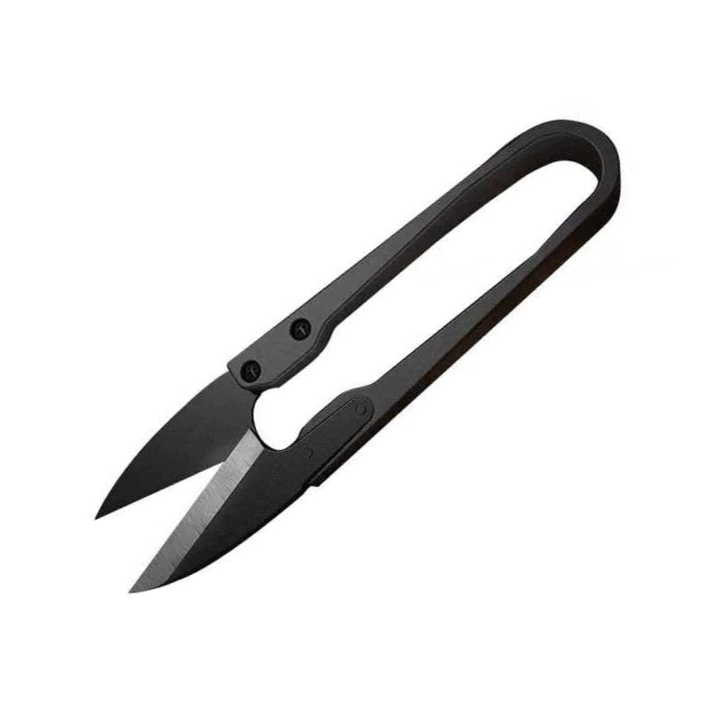 U-shaped thread nippers and clippers with black handle and dual metal blades