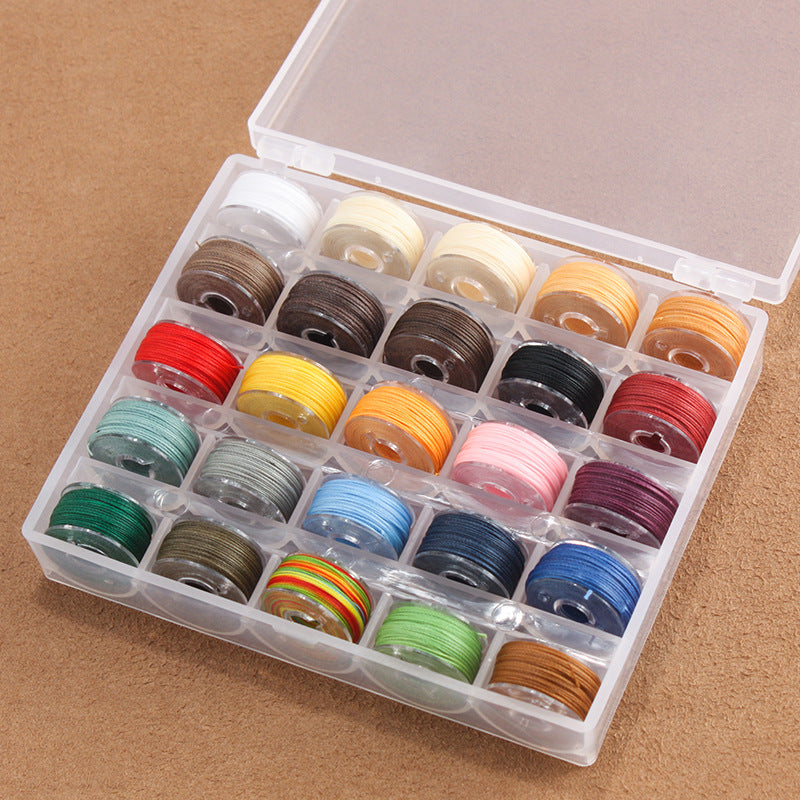 Set of colorful thread spools in a clear plastic box on a brown background
