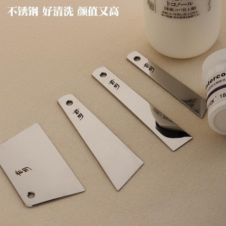 Stainless steel glue applicator set, three mirror-polished scraper blades with holes
