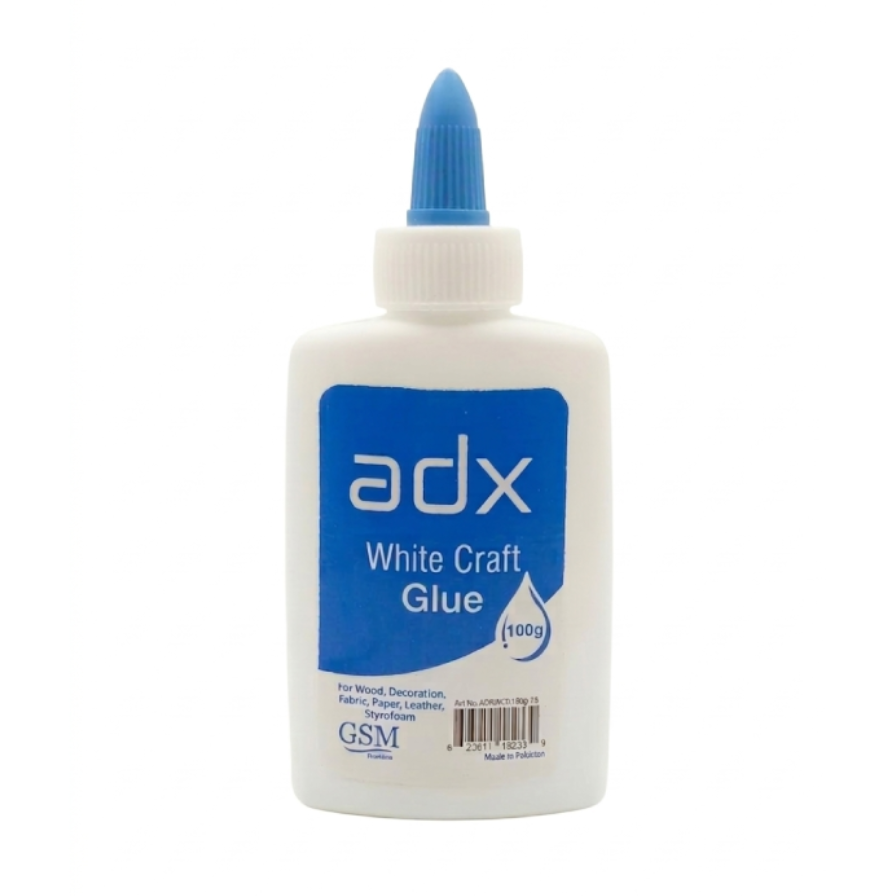 White craft glue bottle with blue label and dispensing nozzle, 100g