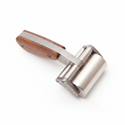 Heavy duty leather roller tool with stainless steel frame and wooden handle