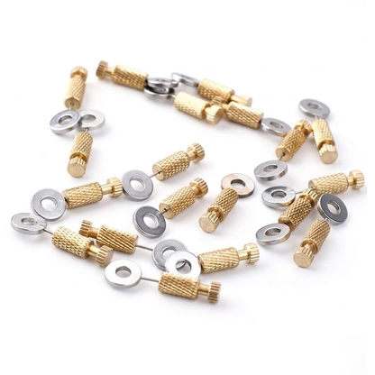 Brass leather positioning needles set with round metal washers and textured brass handles