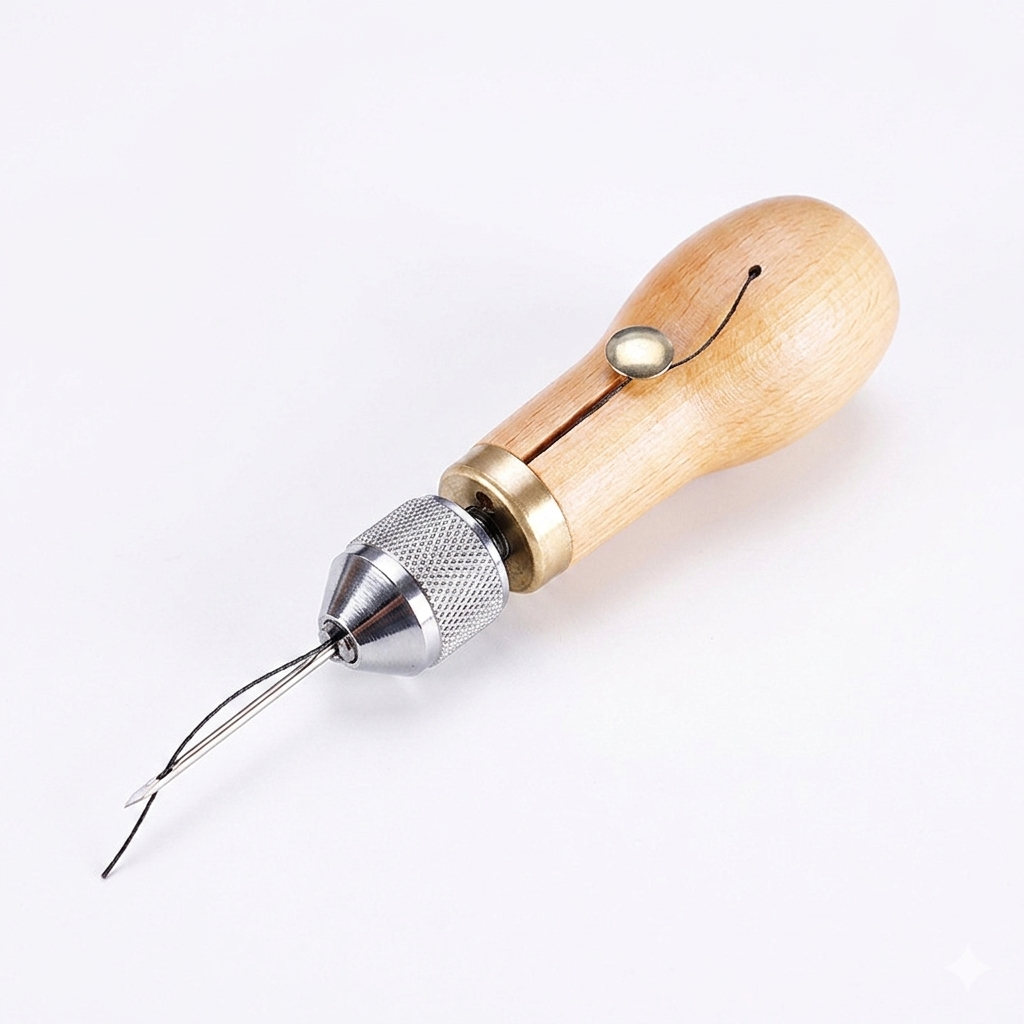 Leather hand stitching awl with light wood handle, silver head, and thread needles