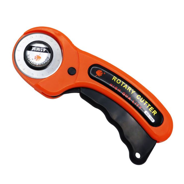Orange rotary cutter for leather with 45mm round blade and safety grip