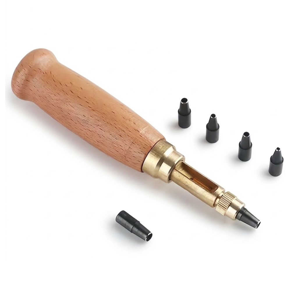 Leather rotary punch tool with wooden handle and interchangeable metal conical heads
