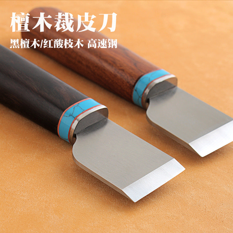 Leather cutting knives with HSS blades, wood handles and turquoise ferrule, angled view