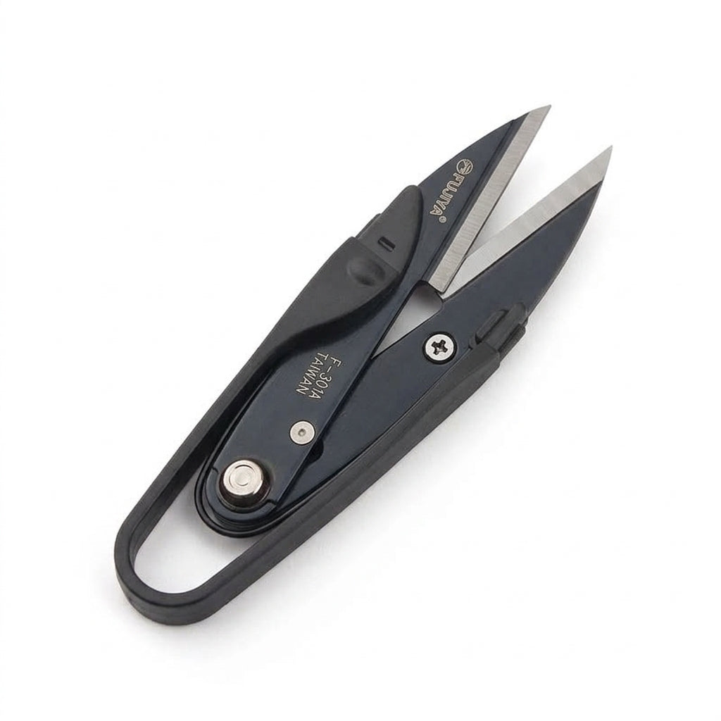 Black spring-loaded thread snips with metal blades and ergonomic handle