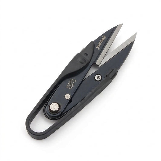 Black spring-loaded thread snips with metal blades and ergonomic handle