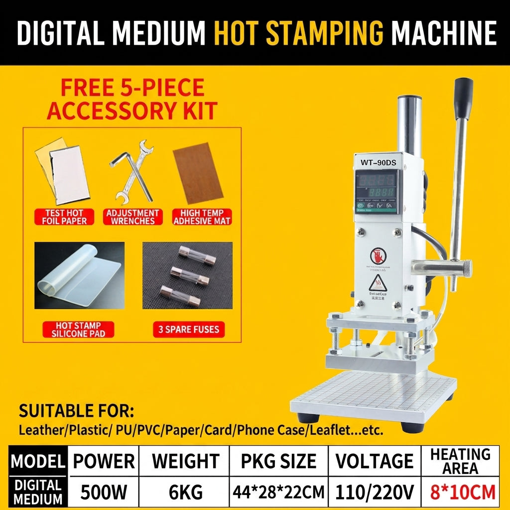WT-90DS Digital Mini Hot Foil Stamping Machine – 500W Leather Embossing Press with LCD Temperature Control