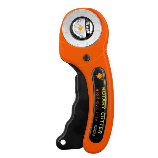 Orange rotary leather cutter with 45mm blade and black comfort grip