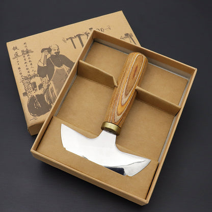 Half-round leathercraft knife in cardboard box, wooden handle and curved steel blade