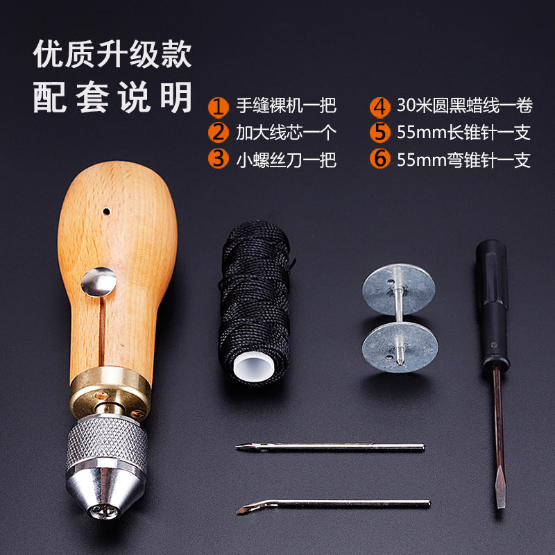 Leather hand stitching awl with light wood handle and included needle tools