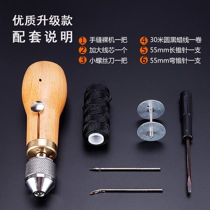 Leather hand stitching awl with light wood handle and included needle tools