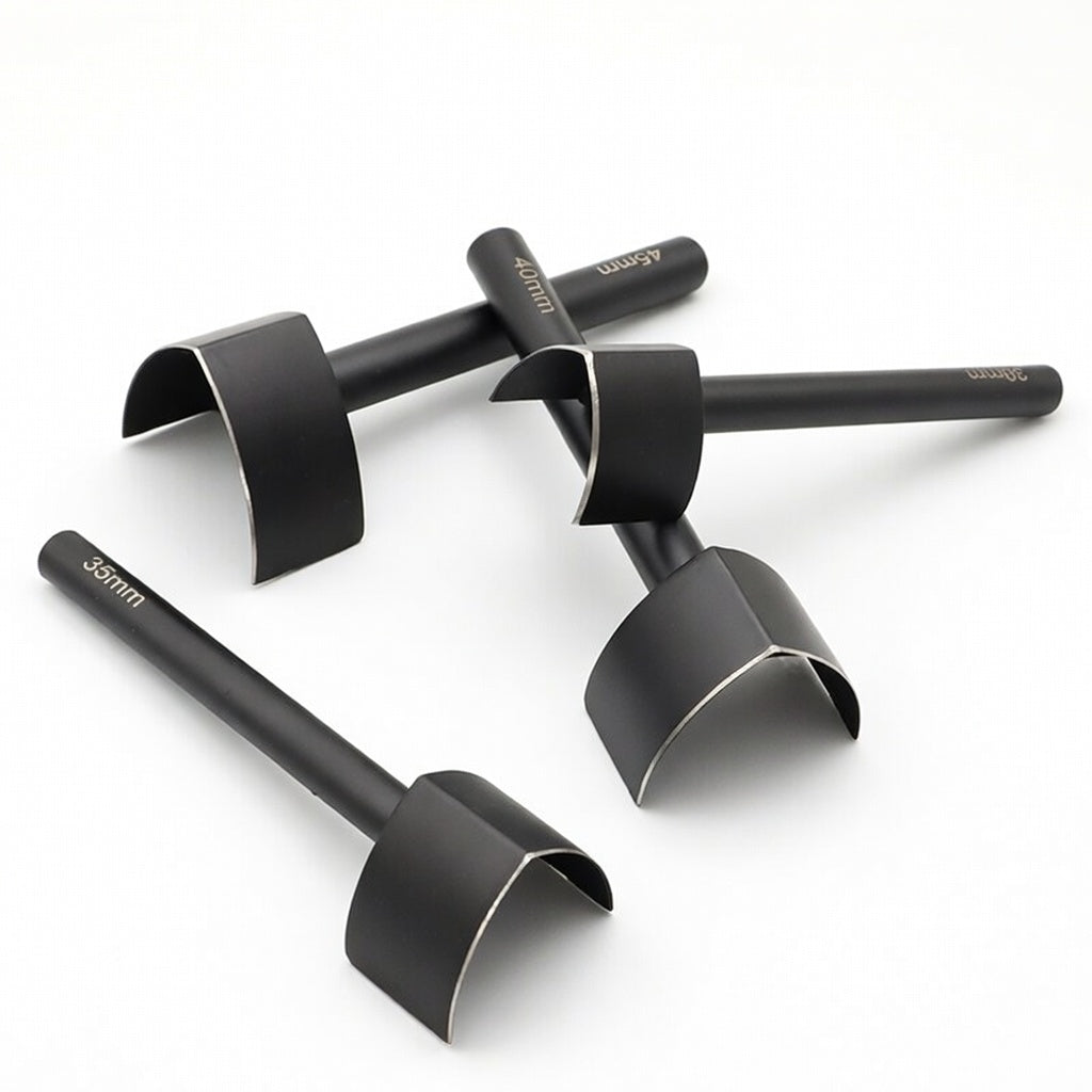 Black V-shaped belt end punch tool with curved cutting head, anti-rust coating