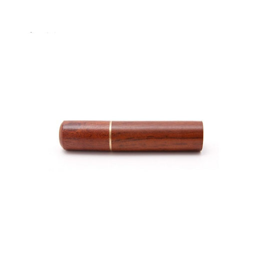 Wood needle storage case, cylindrical dark brown with brass bands