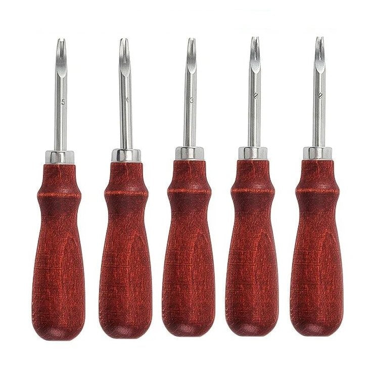 5-piece edge beveler tools set with red textured handles and metal beveling blades
