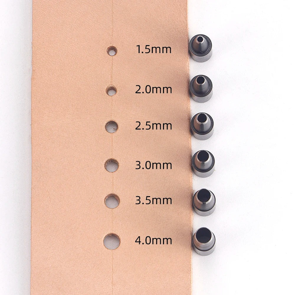 Leather punch head set with conical tips and light brown leather strip with punched holes