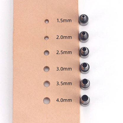 Leather punch head set with conical tips and light brown leather strip with punched holes