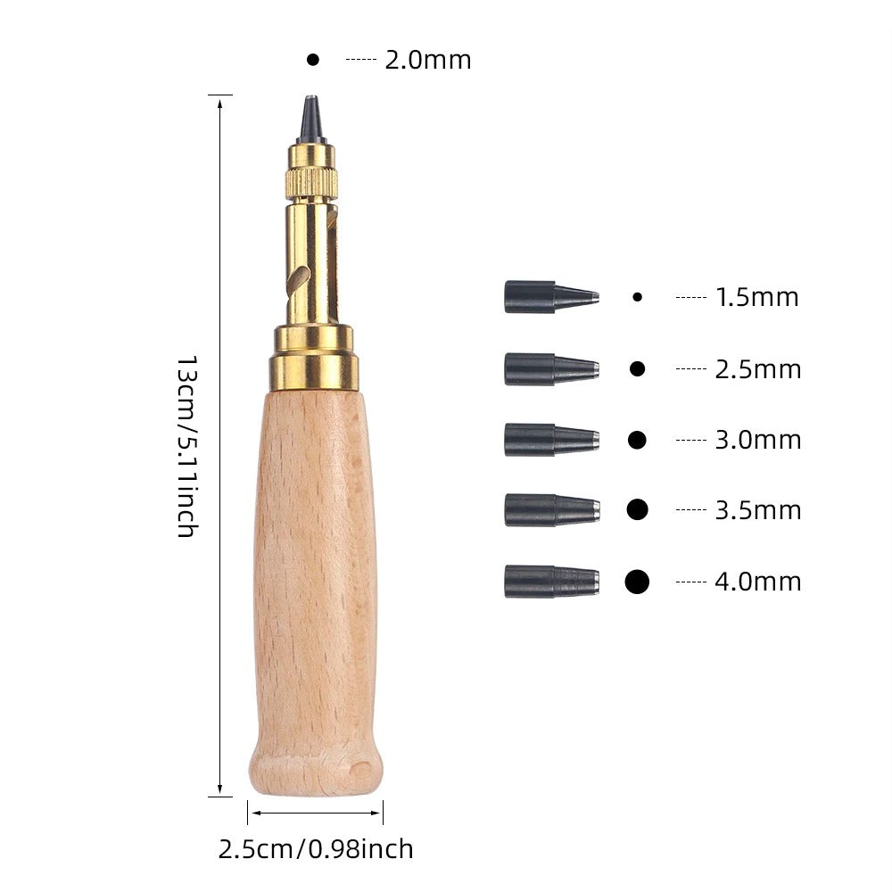 Leather rotary punch tool with wooden handle and gold body plus conical punch heads