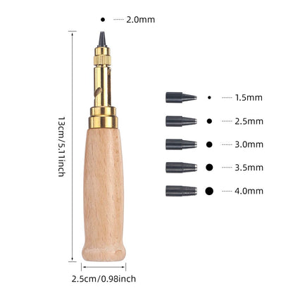 Leather rotary punch tool with wooden handle and gold body plus conical punch heads