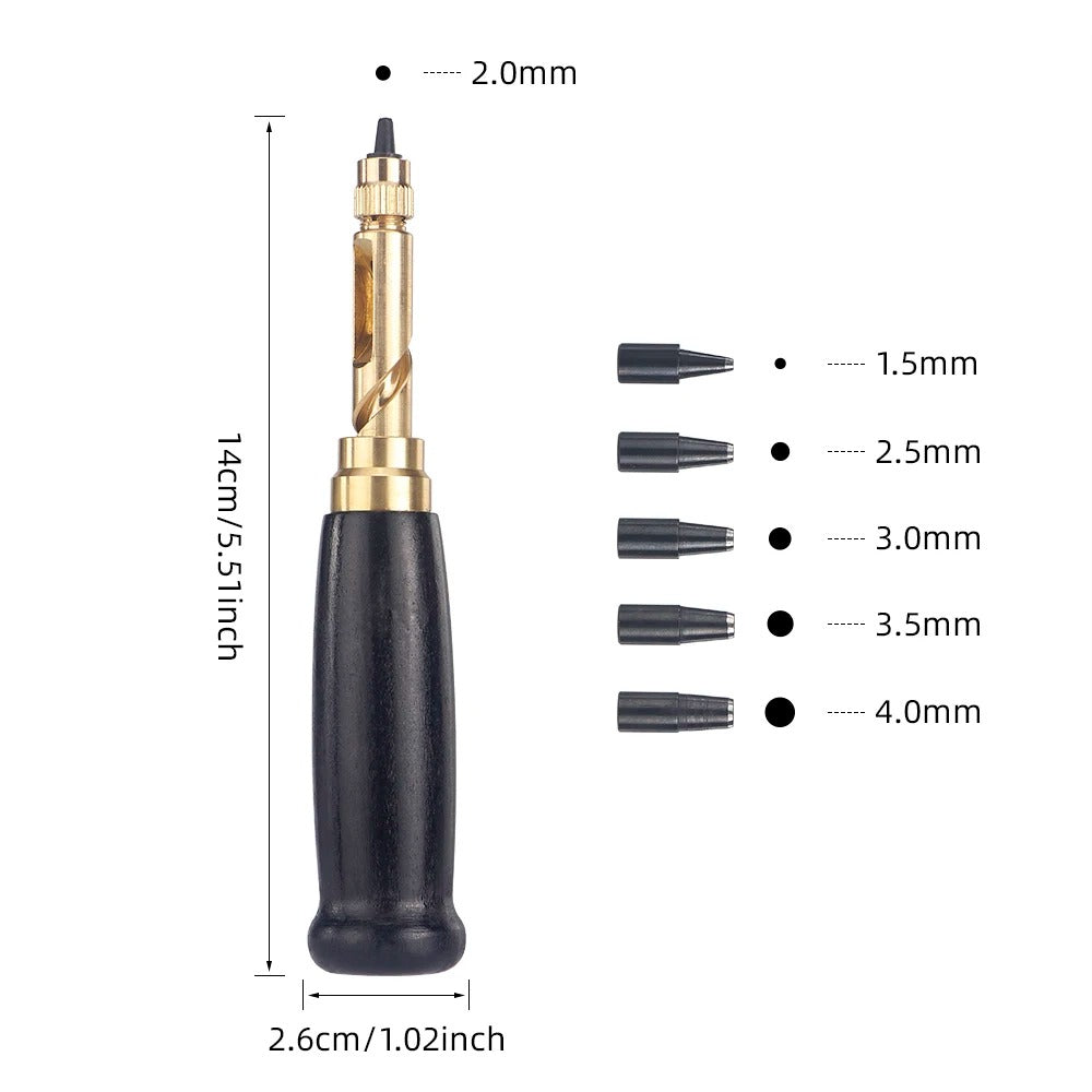 Leather rotary punch tool with black handle and gold body plus conical punch heads