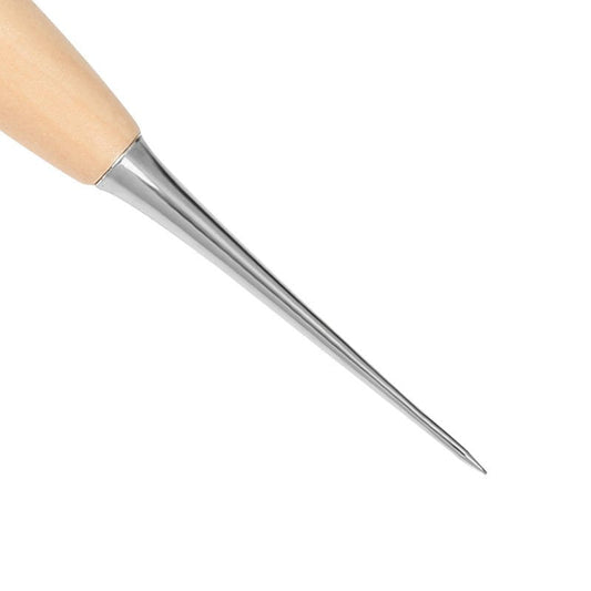 Leather scratch awl close-up with light wooden handle and pointed metal tip