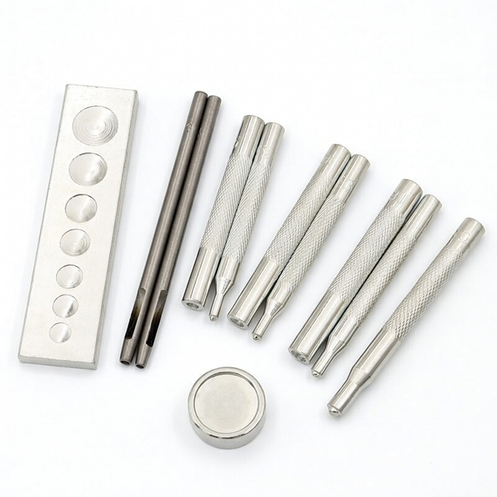 Snap button setter tool kit: punch rods, textured handles, hole plate and cap