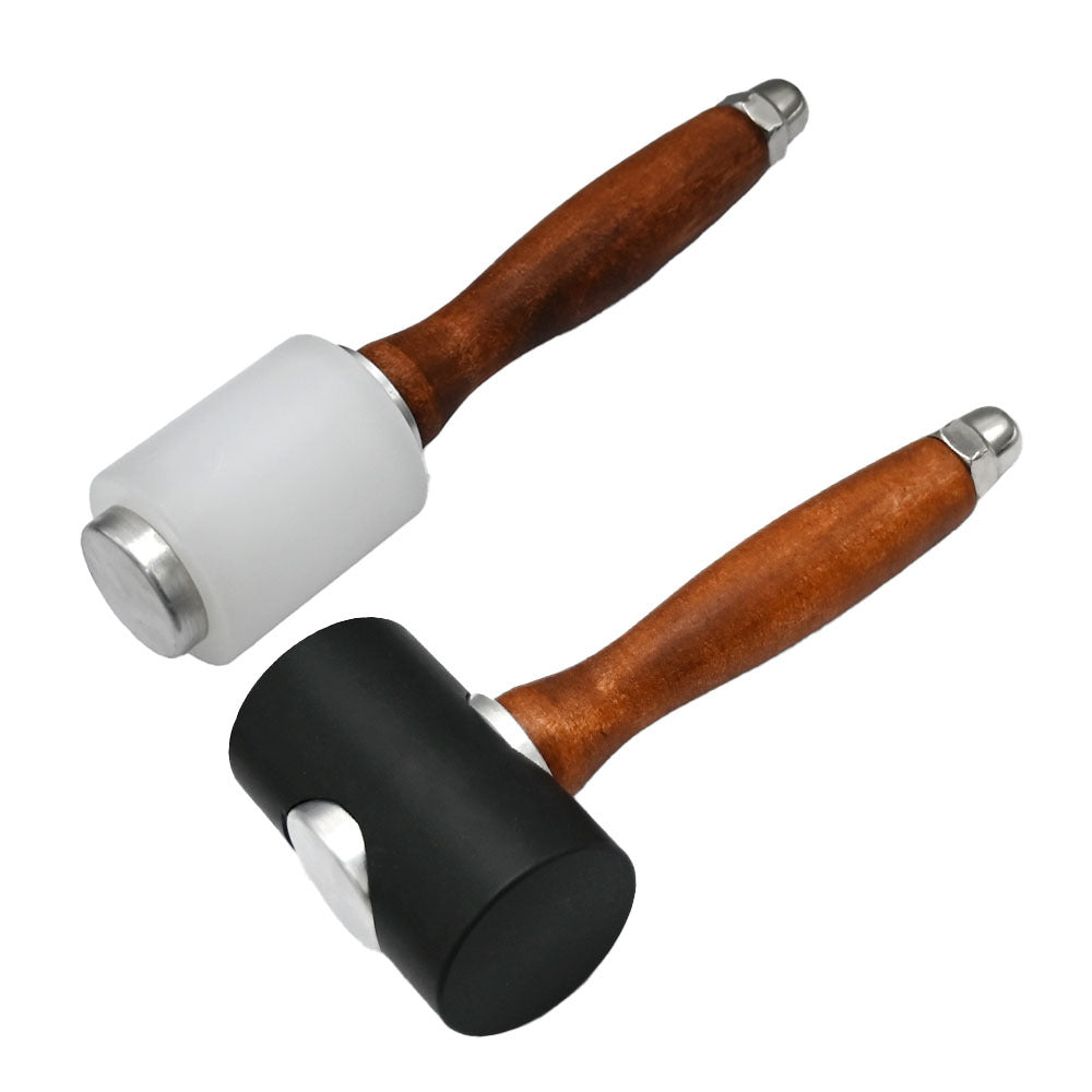 Nylon head mallet with wooden handle, white and black dual rubberized striking ends